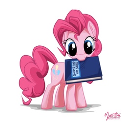 Size: 855x855 | Tagged: safe, artist:mysticalpha, pinkie pie, earth pony, pony, g4, book, female, mouth hold, solo