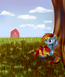 Size: 900x1068 | Tagged: safe, artist:incinerater, apple bloom, rainbow dash, g4, duo, tree