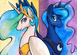 Size: 800x569 | Tagged: safe, artist:aokibengal, princess celestia, princess luna, g4, contrast, duality, traditional art