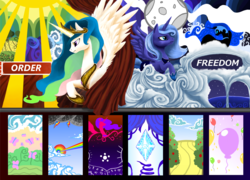 Size: 2199x1581 | Tagged: dead source, safe, artist:olafski, princess celestia, princess luna, butterfly, g4, balloon, new lunar republic, propaganda, rainbow, solar empire