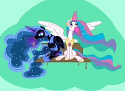 Size: 2338x1700 | Tagged: safe, artist:tess, nightmare moon, princess celestia, alicorn, pony, g4, bench, eating, female, food, ice cream, ice cream cone, mare, sitting