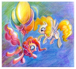 Size: 1314x1205 | Tagged: safe, artist:maytee, pinkie pie, surprise, g1, g4, balloon, flying, g1 to g4, generation leap, then watch her balloons lift her up to the sky, traditional art