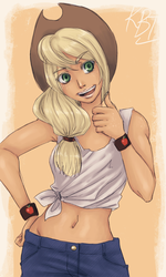 Size: 900x1500 | Tagged: safe, artist:mistix, applejack, human, g4, applejack's hat, belly button, clothes, female, front knot midriff, humanized, light skin, midriff, solo, stetson, tank top