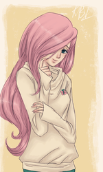 Size: 900x1500 | Tagged: safe, artist:mistix, fluttershy, human, g4, clothes, female, hair over one eye, humanized, light skin, long hair, solo, sweater