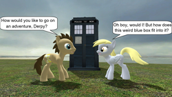 Size: 800x450 | Tagged: safe, artist:chris3123, derpy hooves, doctor whooves, time turner, earth pony, pegasus, pony, g4, 3d, doctor who, duo, female, gmod, male, mare, stallion, tardis, the doctor
