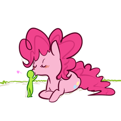 Size: 500x500 | Tagged: safe, artist:mt, pinkie pie, oc, oc:anon, human, g4, blushing, kissing, macro, size difference, tulpa