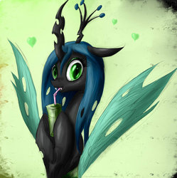 Size: 900x902 | Tagged: safe, artist:rule1of1coldfire, queen chrysalis, changeling, changeling queen, g4, crown, female, jewelry, juice box, regalia, solo, straw
