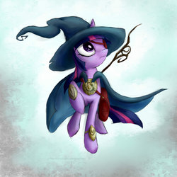 Size: 900x901 | Tagged: safe, artist:rule1of1coldfire, twilight sparkle, pony, unicorn, g4, cape, clothes, eyepatch, female, hat, mage, solo, witch hat