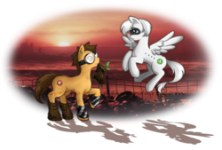 Size: 1035x700 | Tagged: safe, artist:secret-pony, earth pony, pegasus, pony, crossover, disney, duo, duo male and female, e.v.e., female, floating, flying, male, mare, non-mlp shipping, pixar, ponified, stallion, straight, wall-e