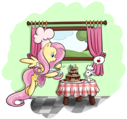 Size: 883x828 | Tagged: safe, artist:secret-pony, angel bunny, fluttershy, pegasus, pony, rabbit, g4, animal, apron, cake, chef's hat, cherry, clothes, cooking, duo, hat