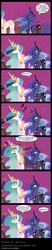 Size: 600x2895 | Tagged: safe, artist:innuendo88, artist:niban-destikim, princess celestia, princess luna, alicorn, pony, g4, asleep on the job, clop, comic, drool, female, gibberish, luna is not amused, mare, onomatopoeia, royal sisters, sleeping, sound effects, spanish, telescope, translation, unamused, uselesstia, z, zzz