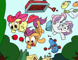 Size: 825x638 | Tagged: safe, artist:latecustomer, apple bloom, scootaloo, sweetie belle, g4, butt, cutie mark crusaders, falling, female, filly, foal, old version, open mouth, plot, scootabutt, scooter, sweetie butt, tree