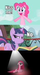 Size: 521x960 | Tagged: safe, edit, edited screencap, screencap, pinkie pie, twilight sparkle, applebuck season, g4, party of one, the best night ever, comic, female, image macro, kiss me, parody, pinkamena diane pie, sad, screencap comic, shipping denied