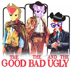 Size: 500x463 | Tagged: safe, apple bloom, diamond tiara, twist, g4, clint eastwood, crossover, eli wallach, glasses, lee van cleef, movie poster, photo, the good the bad and the ugly, western