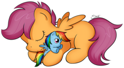 Size: 1460x813 | Tagged: safe, artist:secret-pony, rainbow dash, scootaloo, pegasus, pony, g4, blank flank, cute, cutealoo, doll, eyes closed, female, filly, foal, plushie, prone, rainbow dash plushie, simple background, sleeping, smiling, snuggling, spread wings, transparent background, wings
