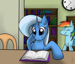 Size: 1400x1200 | Tagged: safe, artist:kyroking, rainbow dash, trixie, g4, book, smiling