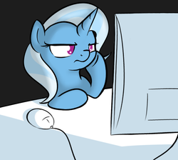 Size: 570x510 | Tagged: safe, artist:theparagon, trixie, pony, unicorn, g4, computer, computer mouse, female, mare, monitor, solo, table, unamused