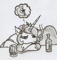 Size: 2170x2320 | Tagged: safe, artist:yakuimaid, princess celestia, trixie, g4, alcohol, drink, female, high res, implied shipping, lesbian, monochrome, shipping, smoking, trixlestia