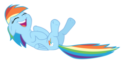 Size: 900x440 | Tagged: safe, rainbow dash, pegasus, pony, g4, female, folded wings, laughing, lying down, on back, open mouth, open smile, simple background, smiling, solo, transparent background, vector, wings