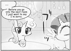 Size: 545x390 | Tagged: safe, rarity, sweetie belle, pony, unicorn, g4, ..., exploitable meme, female, many many pony, meme, monochrome, mug, spit take