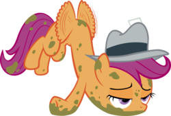 Size: 3992x2698 | Tagged: safe, artist:cthulhuandyou, scootaloo, pegasus, pony, g4, ponyville confidential, buzzing wings, female, filly, foal, hat, mud, press card, scootaloo can't fly, simple background, solo, transparent background, vector, wings