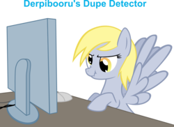 Size: 1000x728 | Tagged: safe, derpy hooves, pegasus, pony, derpibooru, caption, computer, computer mouse, derpibooru ponified, derpy hooves tech support, desk, dupe detector, english, female, funny, humor, mare, meta, ponified, screen, scrunchy face, simple background, solo, spread wings, support, table, tech support, transparent background, wings