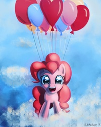 Size: 4800x6000 | Tagged: safe, artist:porkchopsammie, pinkie pie, earth pony, pony, g4, absurd resolution, balloon, cloud, cloudy, female, looking at you, solo, then watch her balloons lift her up to the sky