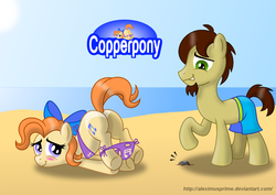 Size: 1280x907 | Tagged: safe, artist:aleximusprime, oc, oc only, earth pony, pony, beach, bikini, blushing, butt, clothes, coppertone parody, embarrassed, embarrassed nude exposure, face down ass up, female, looking at butt, male, mare, nudity, plot, reacting to nudity, stallion, swimsuit