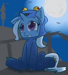 Size: 900x1000 | Tagged: safe, artist:xonitum, trixie, pony, unicorn, ursa minor, g4, clothes, costume, cute, female, filly, happy, kigurumi, mare, moon, night, nightmare night, smiling, solo