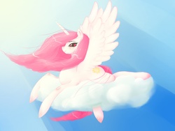 Size: 1600x1200 | Tagged: safe, artist:cerebruses, princess celestia, pony, g4, blushing, cloud, crepuscular rays, female, lidded eyes, looking at you, missing accessory, pink mane, pink-mane celestia, prone, smiling, solo, spread wings, sun