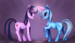 Size: 1400x800 | Tagged: safe, artist:felynea, trixie, twilight sparkle, g4, duo, glowing horn, horn, magic