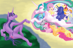 Size: 5470x3600 | Tagged: safe, artist:pumqin, apple bloom, applejack, derpy hooves, fluttershy, pinkie pie, princess celestia, princess luna, rainbow dash, rarity, scootaloo, spike, sweetie belle, twilight sparkle, zecora, pegasus, pony, zebra, g4, armpits, cutie mark crusaders, female, fine art parody, hoers, mane seven, mane six, mare, parody, the creation of adam