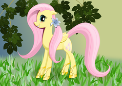 Size: 4213x2980 | Tagged: safe, artist:roadsleadme, fluttershy, pony, g4, blushing, clothes, female, flower, flower in hair, happy, shoes, smiling, solo