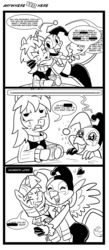 Size: 839x1920 | Tagged: safe, artist:madmax, oc, oc only, oc:double tap, oc:paharita, griffon, pony, unicorn, fallout equestria, fallout equestria: anywhere but here, comic, costume, fanfic, female, harley quinn, male, monochrome, nightmare night, stallion