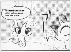 Size: 546x395 | Tagged: safe, cup cake, rarity, sweetie belle, pony, unicorn, g4, ..., exploitable meme, female, filly, implied suckling, many many pony, mare, meme, monochrome, mug, spit take