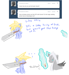 Size: 888x961 | Tagged: safe, artist:ask-the-fantasy-ponies, ask, cloud strife, final fantasy, final fantasy vii, ponified, sephiroth, sword, tumblr, weapon