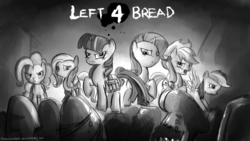 Size: 1366x768 | Tagged: safe, artist:fongsaunder, applejack, fluttershy, pinkie pie, rainbow dash, rarity, twilight sparkle, g4, bread, left 4 dead, mane six, monochrome, parody