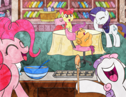 Size: 3300x2550 | Tagged: safe, artist:bunnimation, apple bloom, pinkie pie, rarity, scootaloo, sweetie belle, g4, cutie mark crusaders, eyes closed, shop, shopkeeper, sugarcube corner