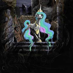 Size: 2000x2000 | Tagged: safe, artist:silfoe, princess celestia, fanfic:into the depths, g4, fanfic art, night, ruins, sad, scenery, stairs