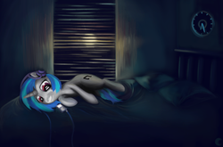 Size: 1550x1024 | Tagged: safe, artist:poussieredelune, dj pon-3, vinyl scratch, pony, unicorn, g4, bed, bedroom, blinds, clock, female, headphones, indoors, ipod, lying down, mare, music, on side, pillow, relaxing, room, smiling, solo, wrong eye color