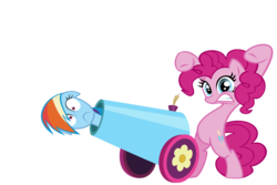 Size: 1800x1200 | Tagged: safe, artist:stratmlp, artist:stratolicious, pinkie pie, rainbow dash, earth pony, pony, g4, bipedal, female, mare, oh crap, party cannon, pony cannonball, simple background, this will end in pain, this will not end well, transparent background, uh oh