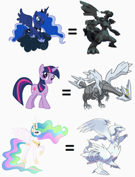 Size: 892x1167 | Tagged: safe, princess celestia, princess luna, twilight sparkle, alicorn, kyurem, pony, reshiram, unicorn, zekrom, g4, cloud, equal sign, ethereal mane, female, legendary pokémon, lying on a cloud, mare, pokémon, pokémon black and white, simple background, starry mane, stock vector, unicorn twilight, white background