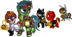 Size: 1414x730 | Tagged: safe, artist:kittehkatbar, oc, oc only, oc:featherheart, oc:vizia, adventure time, borderlands, cosplay, cute, fire, ghost rider, goggles, male, marvel, nightmare night, simple background, spider-man, transparent background, venom