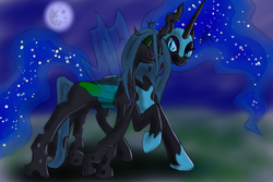 Size: 3000x2000 | Tagged: safe, artist:facelessguru, nightmare moon, queen chrysalis, alicorn, changeling, changeling queen, pony, g4, annoyed, crown, cute, cutealis, eyes closed, female, frown, glare, jewelry, lesbian, mare in the moon, moon, moonabetes, night, nuzzling, raised hoof, regalia, ship:chrysmoon, shipping, smiling