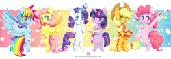 Size: 3052x1050 | Tagged: safe, artist:nauticalsparrow, applejack, fluttershy, pinkie pie, rainbow dash, rarity, twilight sparkle, pony, g4, apple, basket, bipedal, mane six