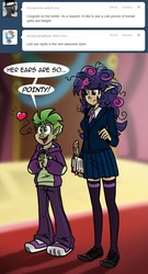 Size: 650x1200 | Tagged: safe, artist:glancojusticar, spike, twilight sparkle, human, friendship is magic, g4, ask, clipboard, clothes, elf ears, floating heart, heart, human spike, humanized, implied rarity, miniskirt, quill, scene interpretation, school uniform, schoolgirl, skirt, sneakers, socks, thigh highs, thigh socks, unicorns as elves