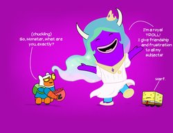 Size: 3294x2538 | Tagged: safe, artist:abigail m., princess celestia, robot, g4, adventure time, cosplay, crossover, finn the human, male, marf, monster, monster krumholtz, robot and monster, robot default, spongebob squarepants, trollestia