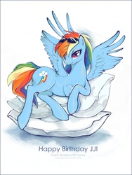 Size: 2000x2655 | Tagged: safe, artist:chio-kami, rainbow dash, pegasus, pony, g4, bedroom eyes, birthday gift, female, looking at you, mare, pillow, prone, smiling, solo, spread wings, sunglasses