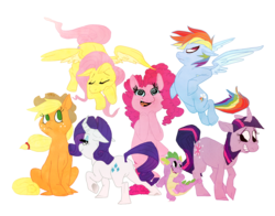 Size: 1093x859 | Tagged: safe, artist:starreh, applejack, fluttershy, pinkie pie, rainbow dash, rarity, spike, twilight sparkle, dragon, earth pony, pegasus, pony, unicorn, g4, female, horn, mane seven, mane six, mare, simple background, transparent background, unicorn twilight