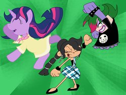 Size: 3128x2348 | Tagged: safe, artist:cartuneslover16, twilight sparkle, oc, oc:miranda, oc:rocky, g4, birthday dress, clothes, codename kids next door, crossover, dress, fish hooks, non-mlp oc